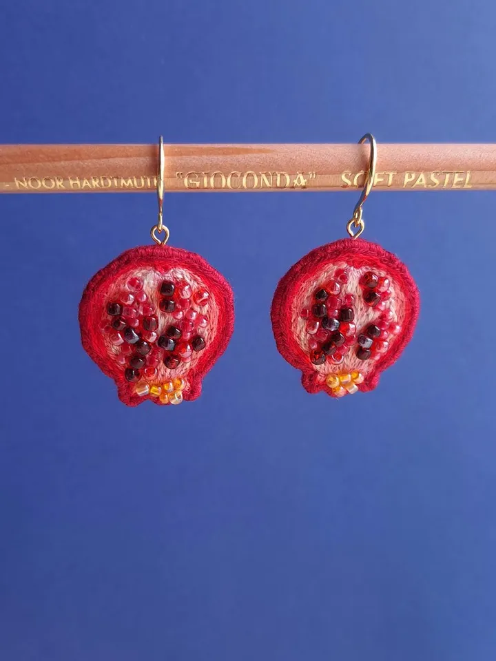 Pomegranate Earrings Handcrafted Jewelry Hand-Embroidered Unique Quirky Accessory Fruit Dangles Accessories Gift for Her