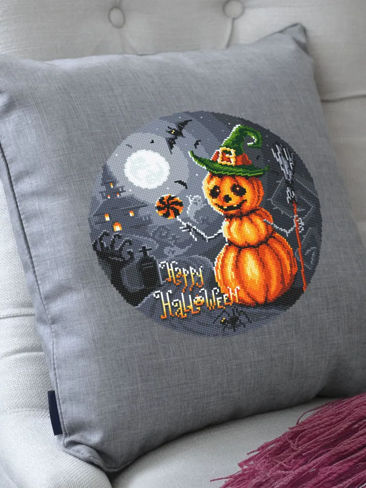 Happy Halloween cross stitch pattern download PDF Snowman pumpkin cross stitch chart, Spooky Halloween embroidery PDF, Gothic decor #H44