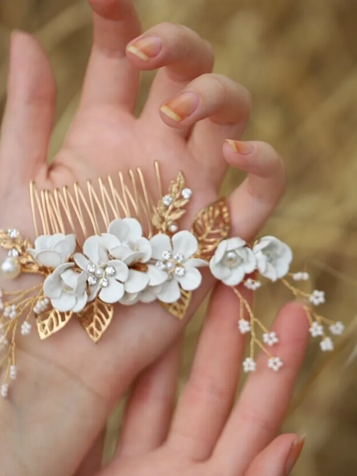 Gold Ivory Flowers Boho Wedding Hair Comb, Leaf Bridal Headband, Wedding Hair Accessories, Hair Pins, Bridal Jewelry Set, Bridesmaid gift