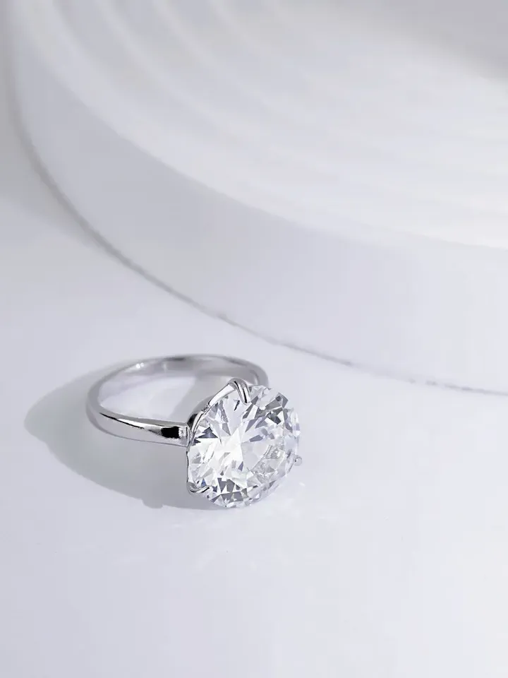Rhodium plated ring with large cubic zirconia 14 mm made of 925 silver