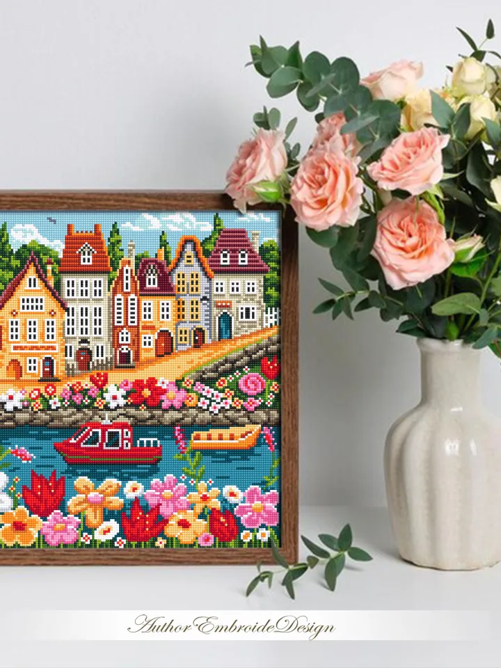 Summer houses cross stitch pattern PDF download Nature landscape cross stitch chart, Flower village pattern digital PDF, Home decor #E17