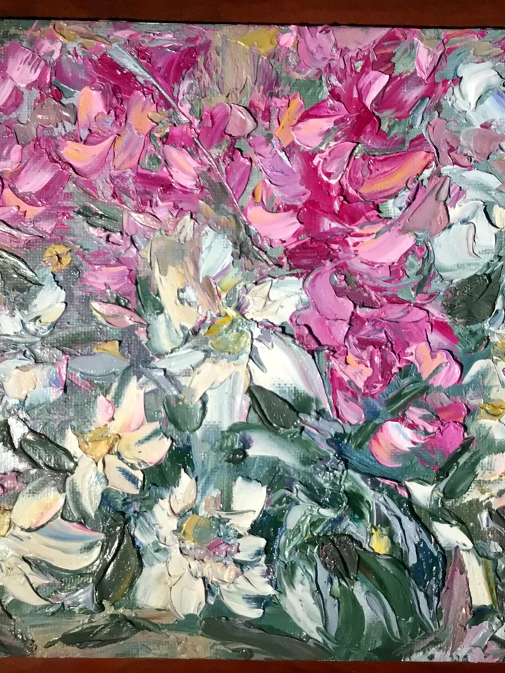 Pink and white flowers fantasy painting ,original oil impasto painting on small canvas board ,wall decoration,small gift.