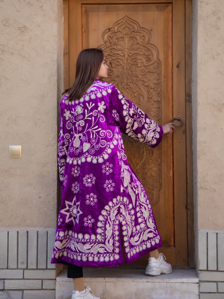 Silk lace design embroidered boho coat by order