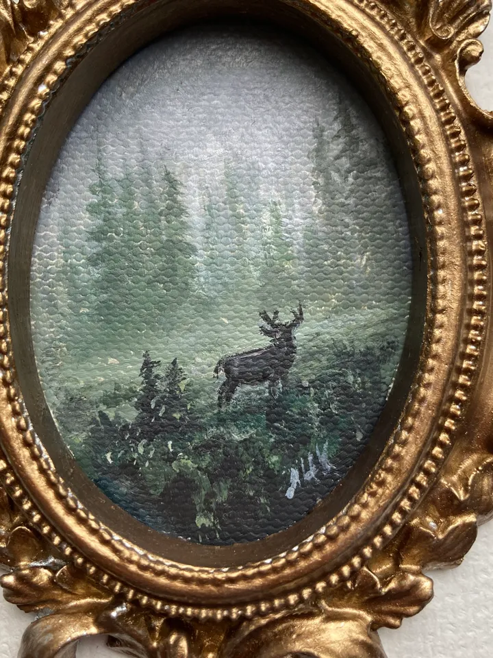 Forest Landscape Oil Painting Original In Vintage Style Frame Small Framed Oval Painting Art
