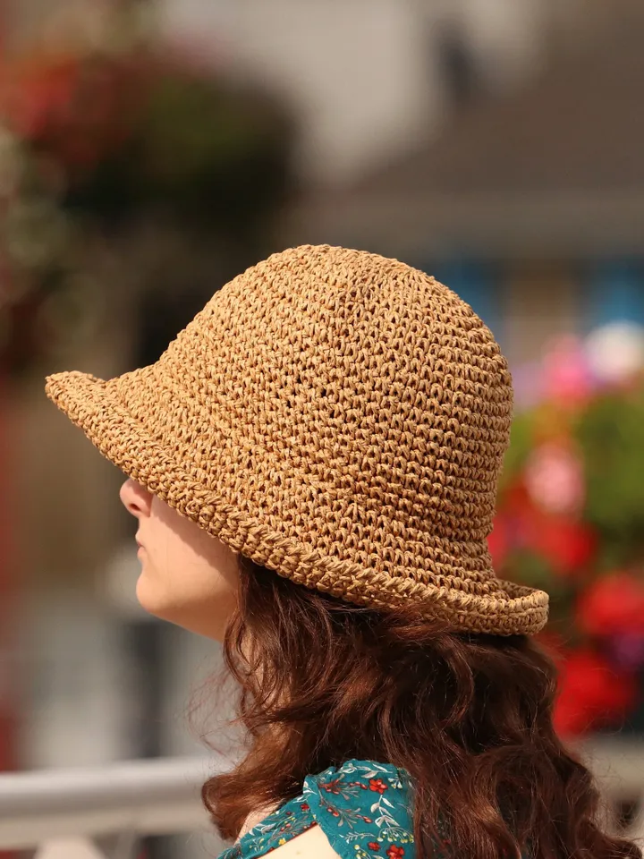 Straw hat women beach Panama bucket hot pink floppy holiday hat