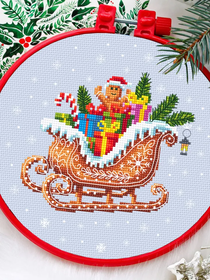 Christmas gingerbread sleigh cross stitch pattern PDF download Christmas presents cross stitch chart, Santa sleigh pattern digital PDF #N127