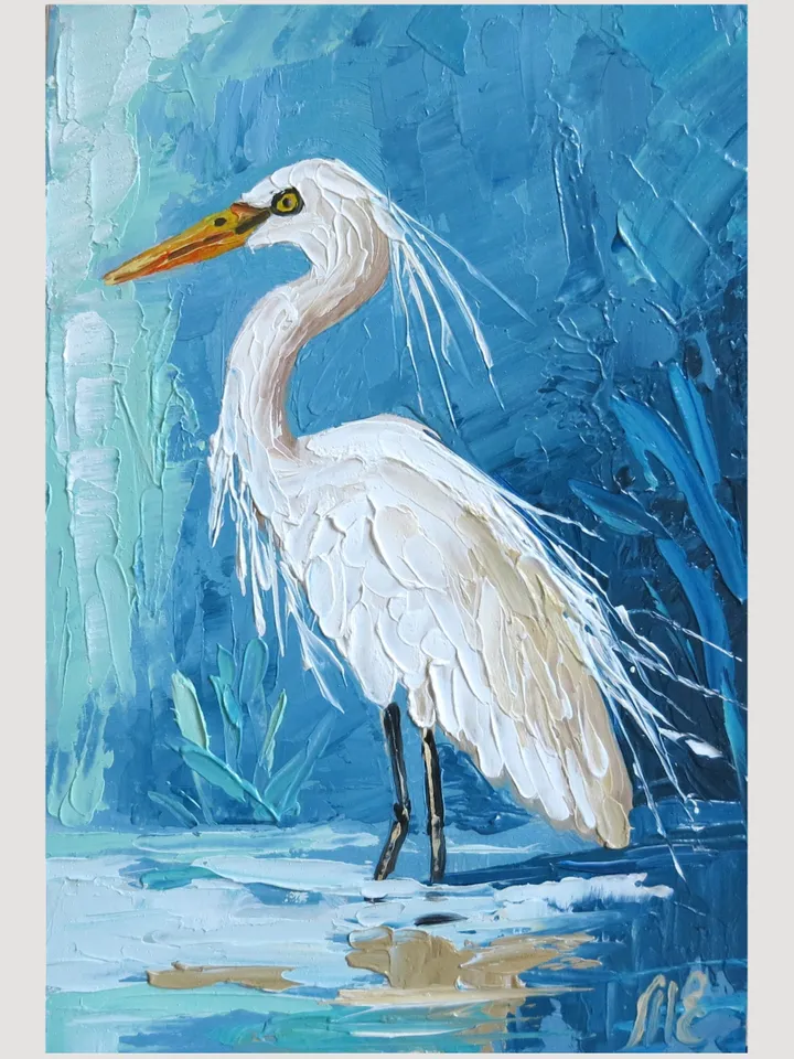 Original Mini Oil Painting Heron Portrait with Palette Knife Technique Graceful Heron Artwork Mini Oil Bird Art