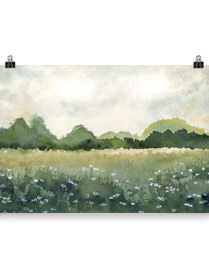 Summer Landscape Wild Flowers Print, Green Field Wall Art, Bed Room Art Print, Country Print, Sun Flower Painting, Neutral Green Print