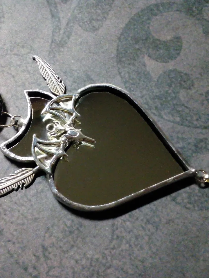 Stained glass scrying mirror, Black goth ornate mirror, Bat mirror, Car hanger, Witch mirror, Heart mirror