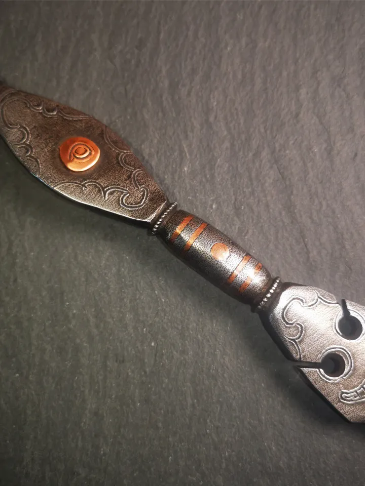 Gandhanra Handmade Tibetan Buddhist Ritual Implement - Dorje Phurba, Unique Manjusri Sword,Made of Cold Iron inlaid Copper, 12"
