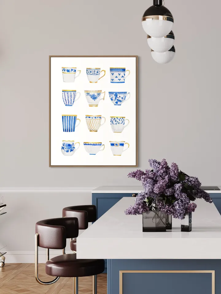 Teacups Art Print Blue And White Watercolor Painting Chinoiserie Wall Art Poster Tea Art Gift For Tea Lovers Vintage Tea Cups Kitchen Print