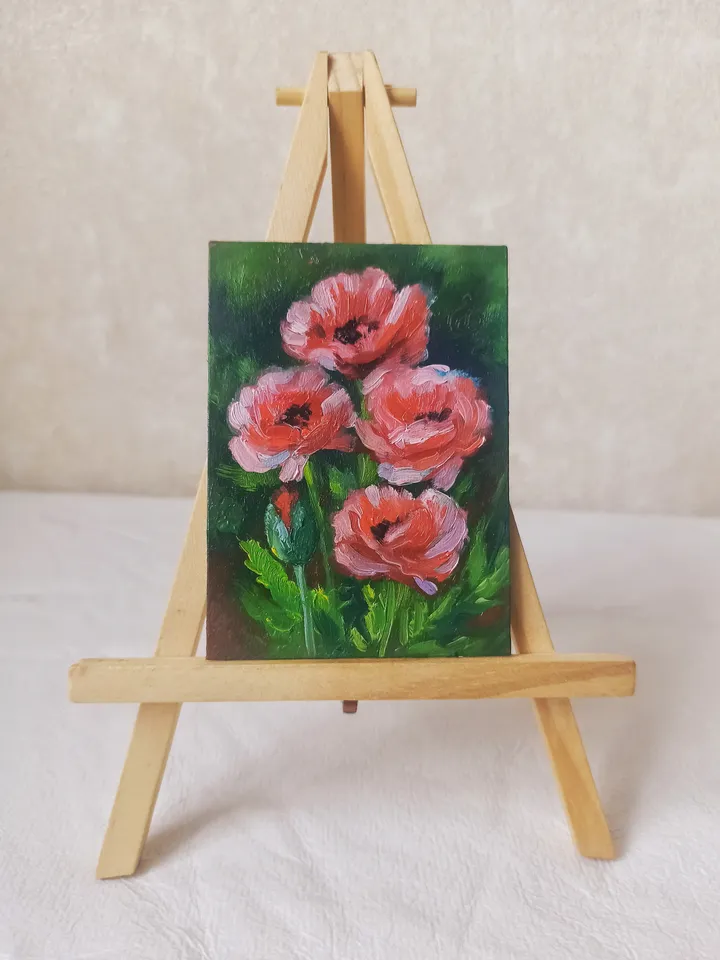 Original oil painting ACEO, Red-pink poppies, Red flowers, Blooming garden, Collection card 2,5x3,5 in