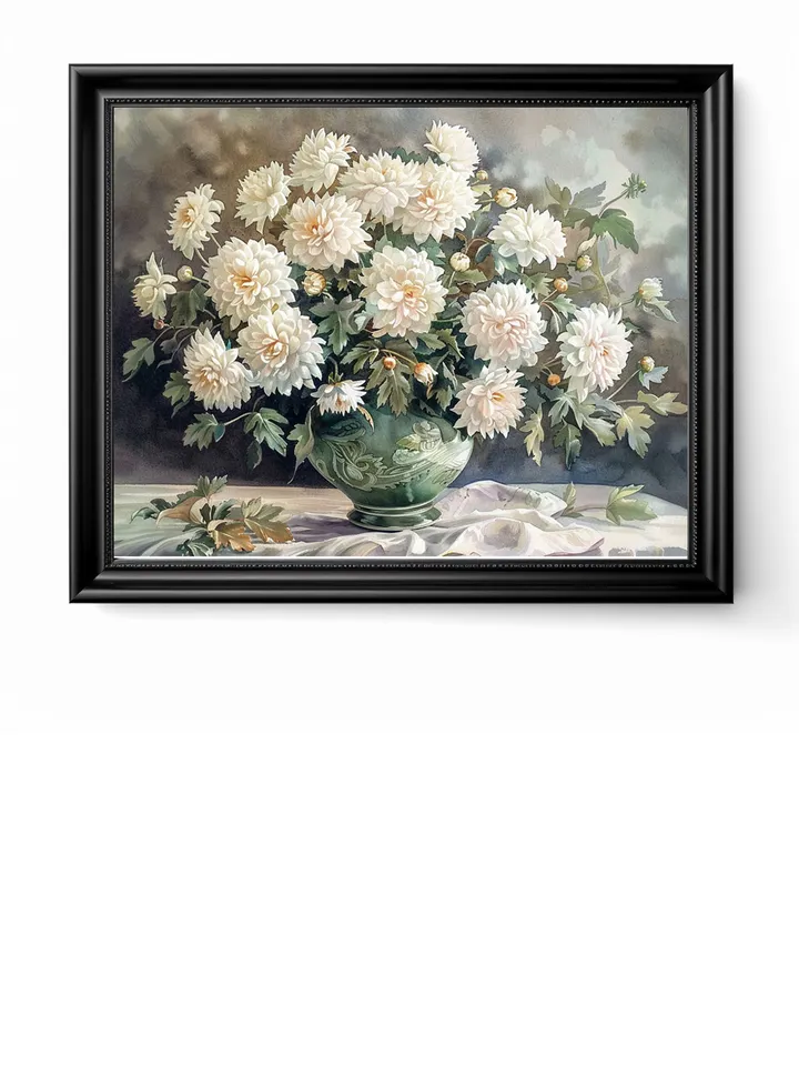 Bouquet of white chrysanthemum in a vase watercolor drawing, digital illustration, digital painting , wall art decoration. AI
