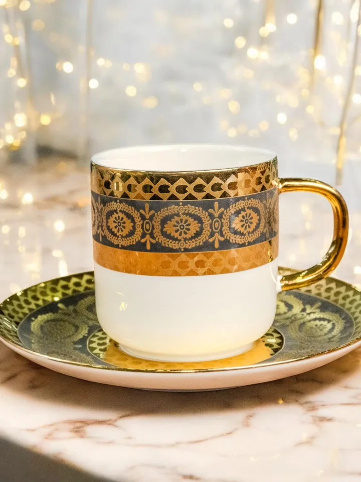 14K Genuine Gold Powder Porcelain Tea Cups And Saucers | Tea Cups Saucers Set | Gold Porcelain Set | Elegant Teaware | Gift For Tea Lovers