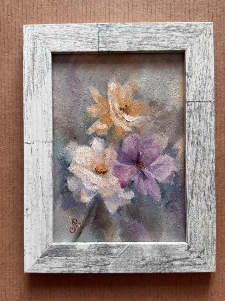 Flowers Original Painting Framed Painting Shabby Chic Painting Floral Wall Art
