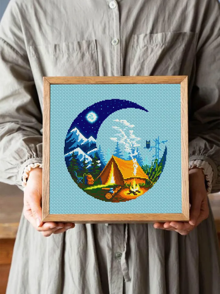 Camping cross stitch pattern download PDF Nature landscape cross stitch Campfire tent xstitch chart Adventure awaits Nature lover gift #L26