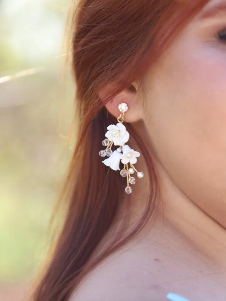 Boho Wedding Earrings, Porcelain Flowers Bridal Earrings, Floral Earrings, Statement Bride Jewelry, Chandelier Earrings, Swarovski Jewellery