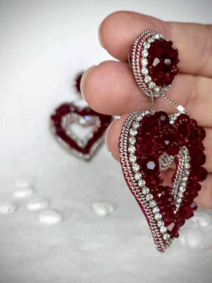 Crystal statement Red heart shaped earrings for women-big love earrings- dangle valentines earrings-heart gift for her