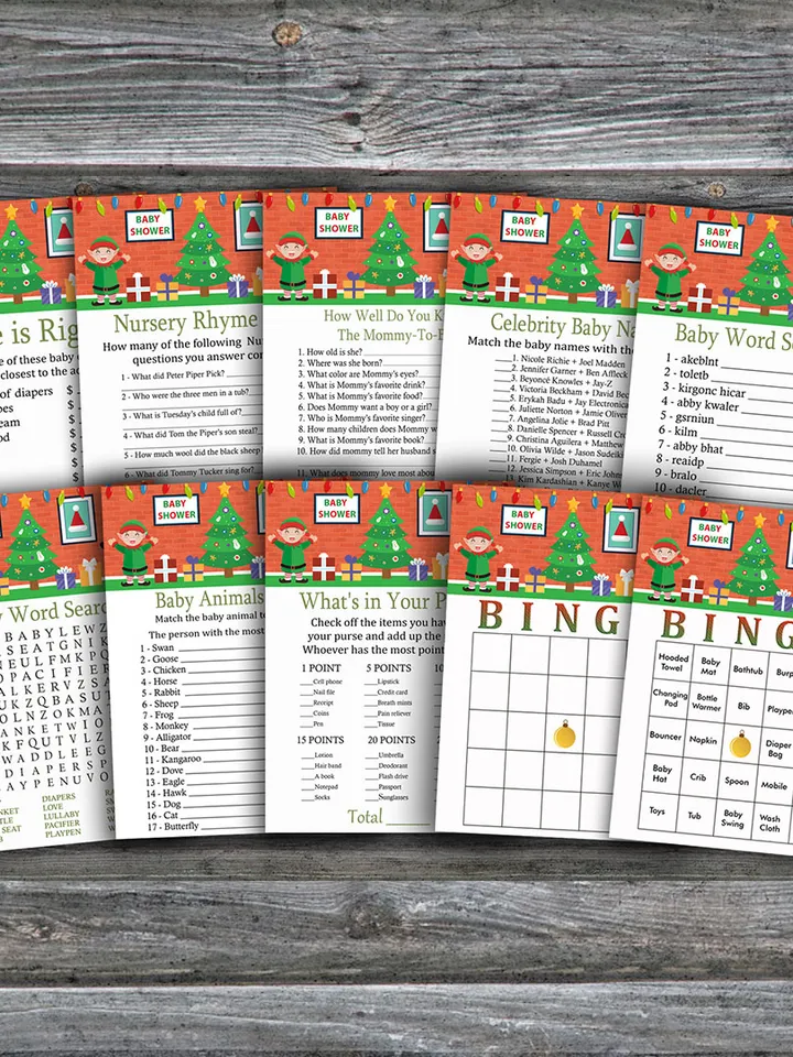 Santa and elf baby shower games bundle,Christmas Baby Shower games package,Fun Baby Shower Games,9 Printable Games-258
