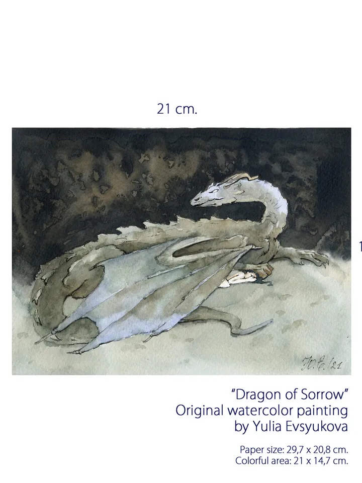 Dragon Sorrow Original fantasy art Dark fairy tale in watercolor by Yulia Evsyukova