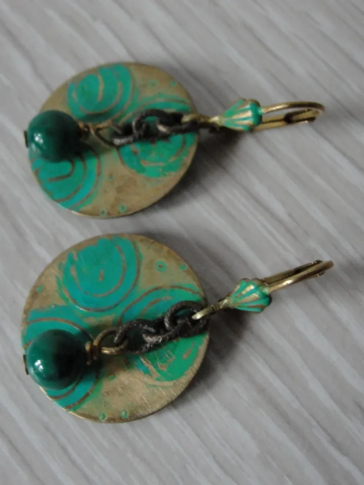 Boho Shabby chic Vintaj solid and natural brass Chrysocolla Textured patinated earrings with chain