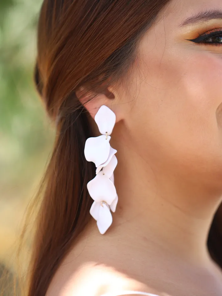 Extra Long Gold White Flower Wedding Earrings, Leaf Boho Bridal Earrings, Chandelier Statement Wedding Earrings, Floral Earrings For Bride