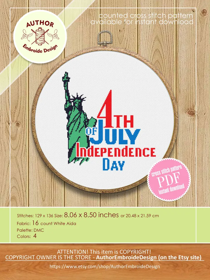 Independence Day July 4 cross stitch pattern PDF download Patriotic cross stitch chart, USA embroidery, Statue of Liberty cross stitch #T16