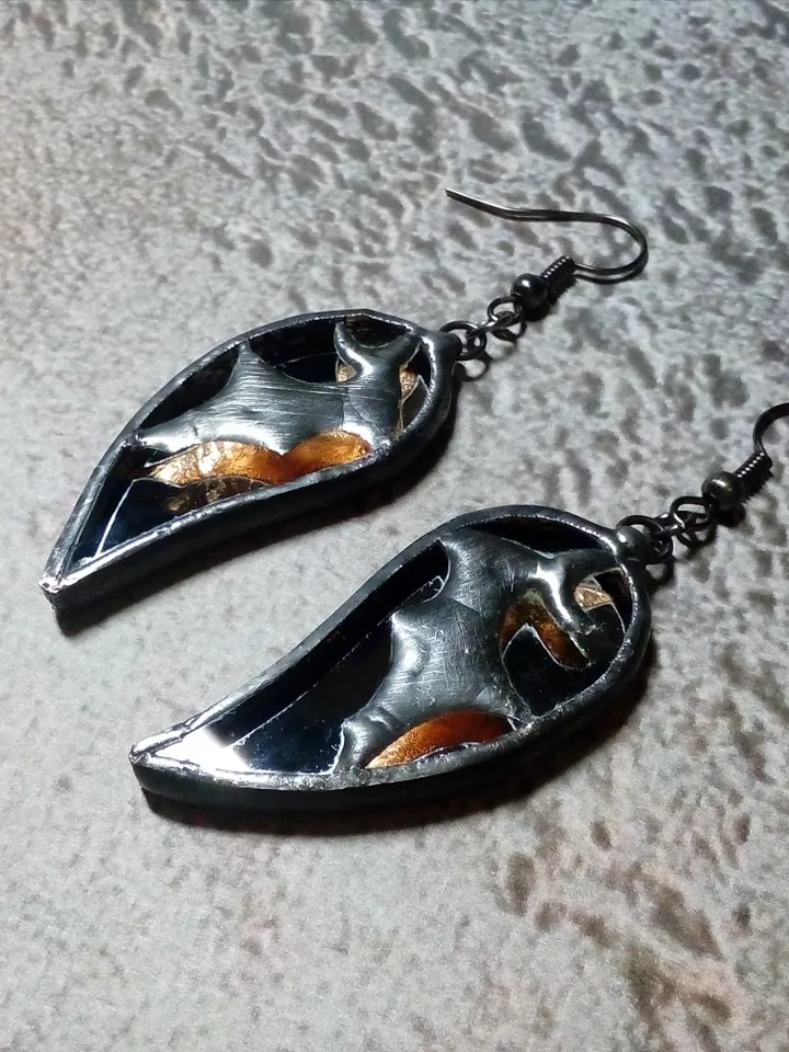 Glass black BAT mirror earrings, Goth black earrings, Halloween stained glass, Bat wings earrings, samhain
