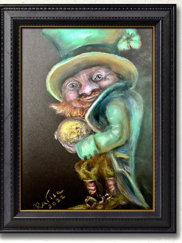 Funny leprechaun with a golden coin painting ,original soft pastel painting on specialized paper,,Irish leprechaun wall art,special gift.
