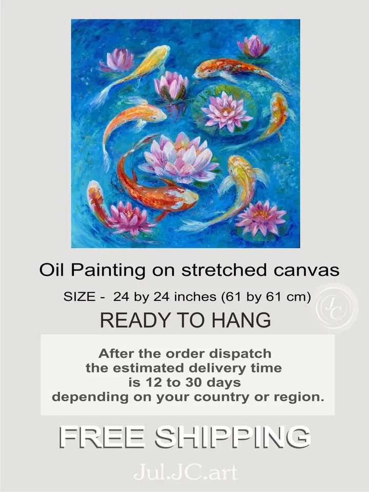 Koi Painting Original Art Fishes in the pond artwork 24 by 24 inch Water lilies art Koi fish Lotus oil painting