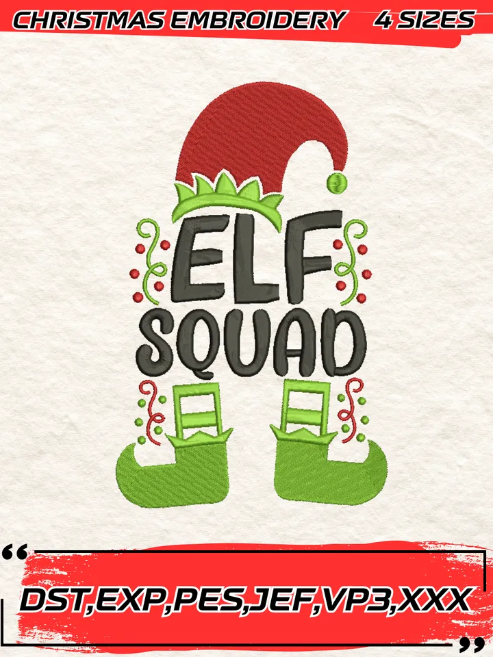 Elf Squad Christmas Embroidery Design,Christmas Embroidery Design,4 Sizes, Digital Download
