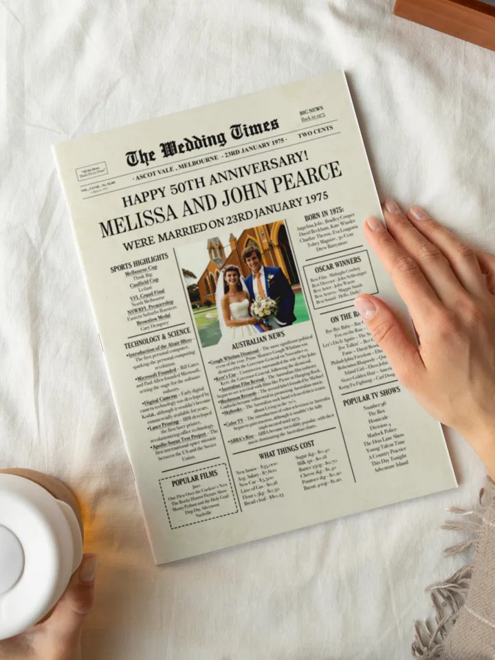 50th anniversary gift for parents 1975 australian newspaper poster golden wedding on this day printable 50 year wedding keepsake