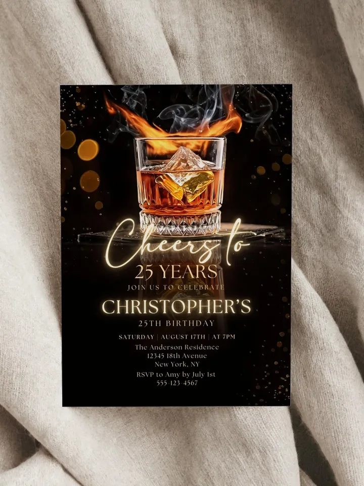 Whiskey Birthday Invitation, Cheers to 25 Years, Editable Canva Invite, Adult Men Party, Cognac Scotch Liquor