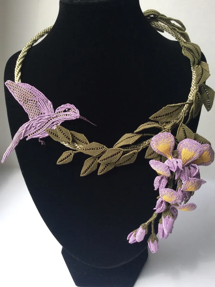 Hummingbird and Wisteria Macrame Necklace — Artful Elegance