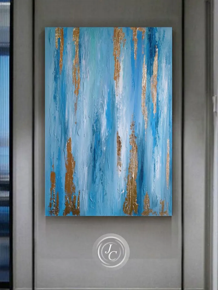Blue Turquoise and Gold Abstract Wall Art Modern Original Oil Painting on Canvas