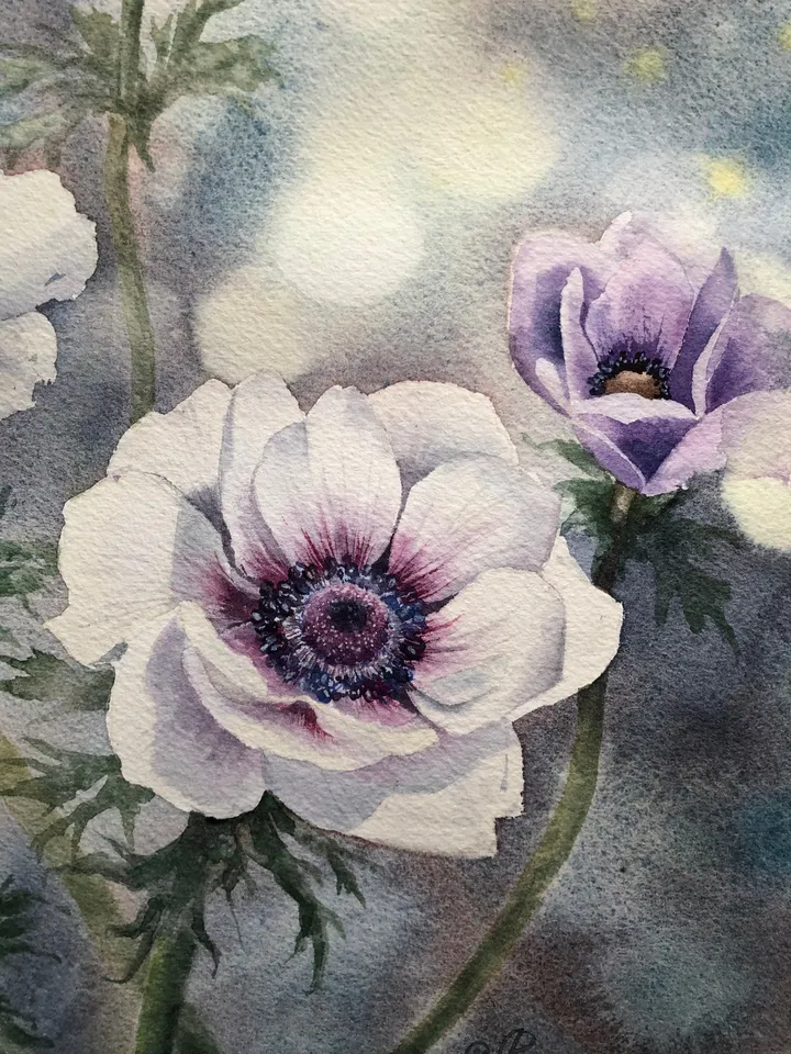 Flowers Original Watercolor Painting Wall Art Anemones Painting