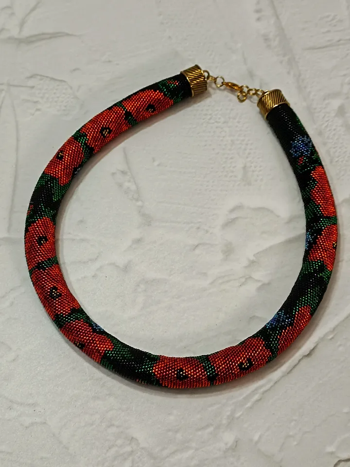Red Poppies Statement Necklace, Elegant Handmade Necklace for Women, Festive Original Necklace