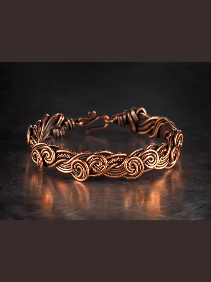 Wire wrapped bracelet, Unique 7th 22nd Anniversary gift idea, Art Nouveau antique style, One of kind braided statement bangle, EMF protection, Handmade oxidized pure copper jewelry, Pain relief