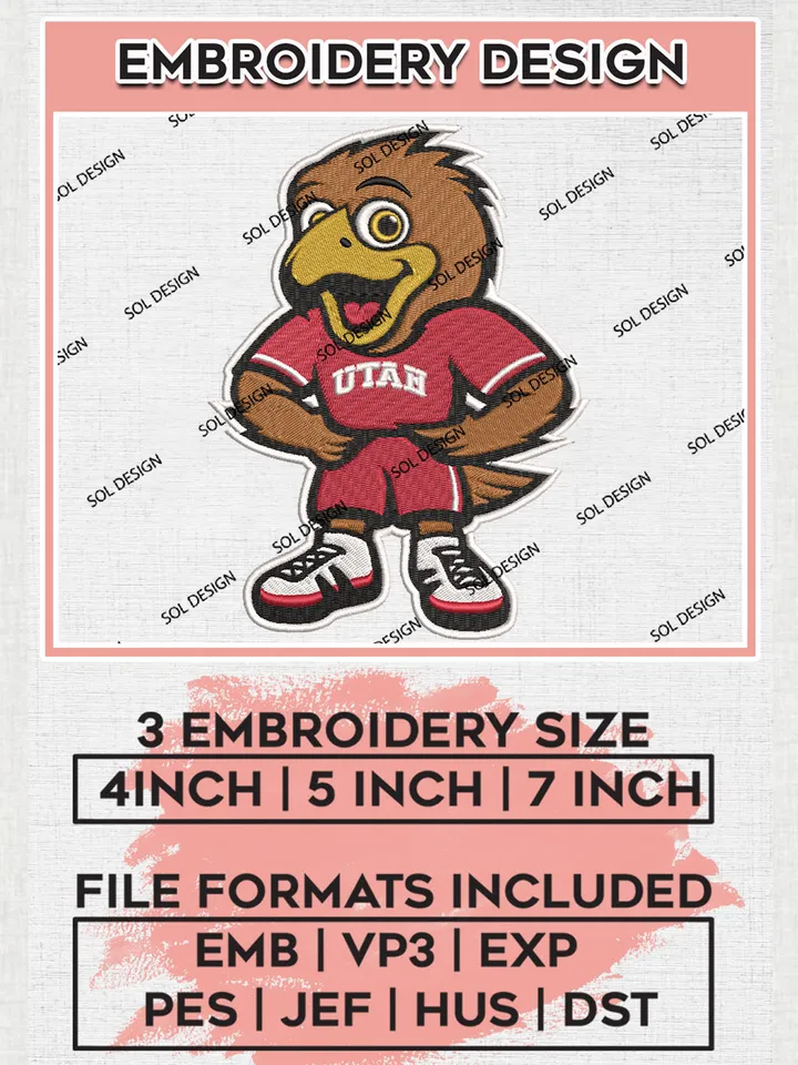 Utah Utes Team Funny Mascot Logo Embroidery Design Files, NCAA Utah Utes Machine Embroidery, NCAA Teams, 3 sizes, NCAA Machine embroidery designs, Digital Download