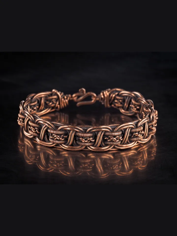 Wire wrapped bracelet, Unique 7th 22nd Anniversary gift idea, Art Nouveau antique style, One of kind braided statement bangle, Handmade oxidized pure copper jewelry, Pain relief, EMF protection