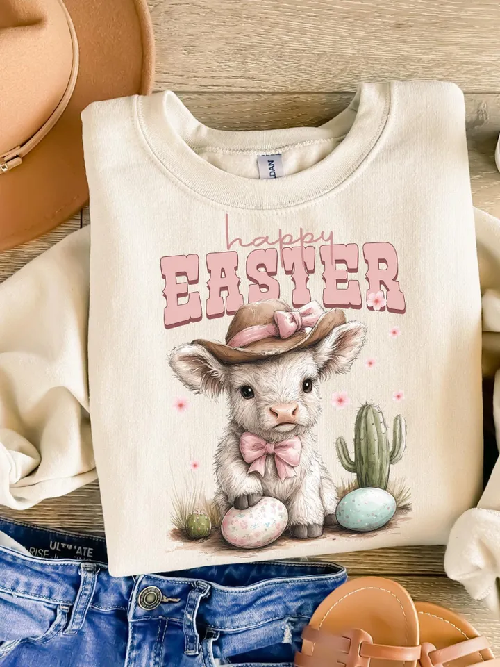 Easter Day Highland Cow PNG, Cute Cow Easter Png, Retro Easter Png, Happy Easter Sublimation Design, Digital Download