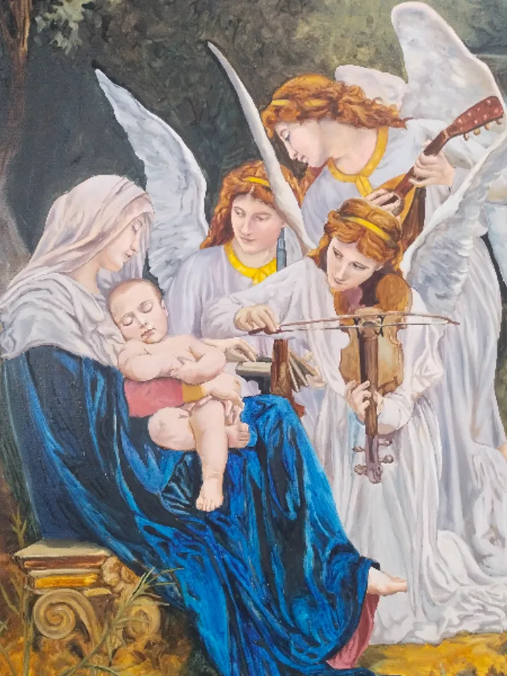 Angels oil painting Virgin Maria and Christ painting Religious inspiration Figurative art Bouguereau copy