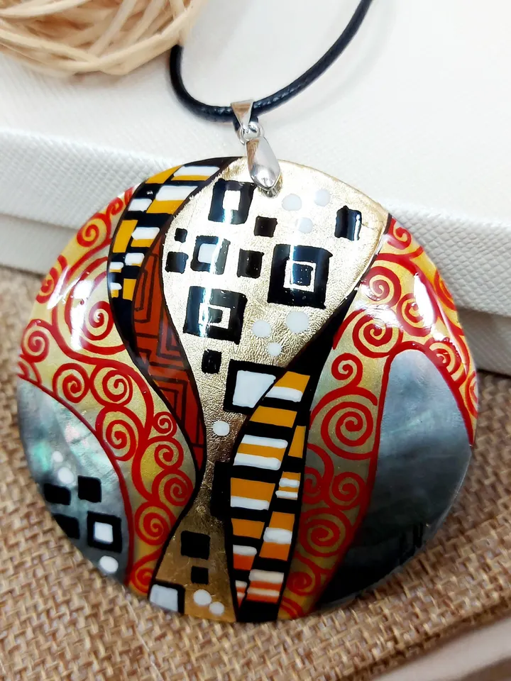 Gustav Klimt.Mother-of-pearl Russian hand-painted necklace.Hand painted miniature painting.Modern.Collectible.Artistic gift.For your beloved