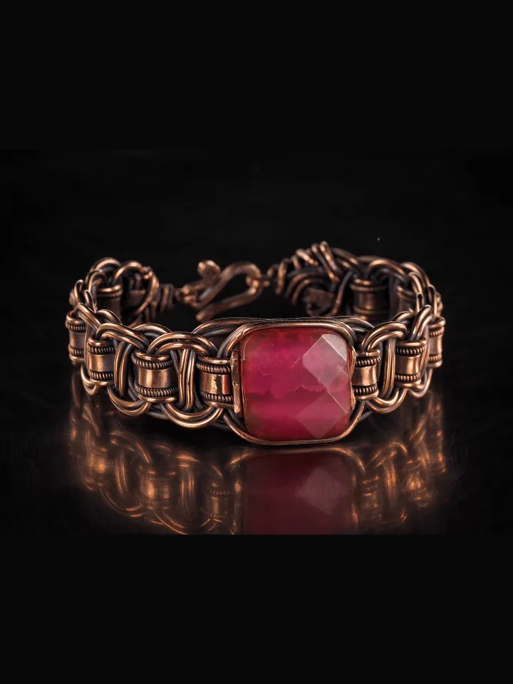 Copper wire wrapped agate bracelet Unique woven copper wire bangle Small size