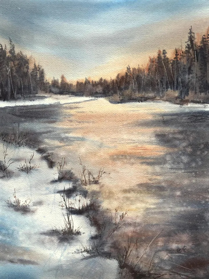 Landscape Original Painting Watercolor River Wall Art Winter Landscape