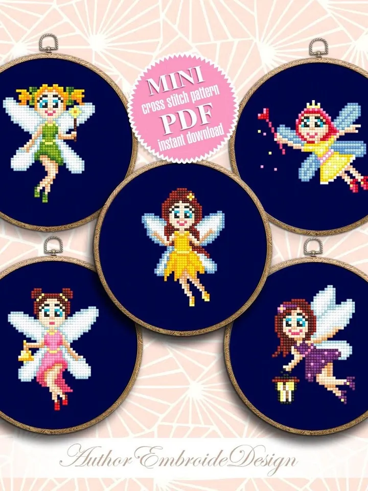 Funny fairies cross stitch pattern PDF download Small cross stitch chart, Set of 5 mini butterfly fairy cross stitch, Fantasy embroidery #O8