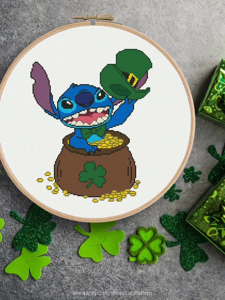 Lilo and Stitch, Saint Patrick Day, cross stitch pattern, baby, Ireland, nursery decor, counted, chart, gift DIY, embroidery, instant PDF