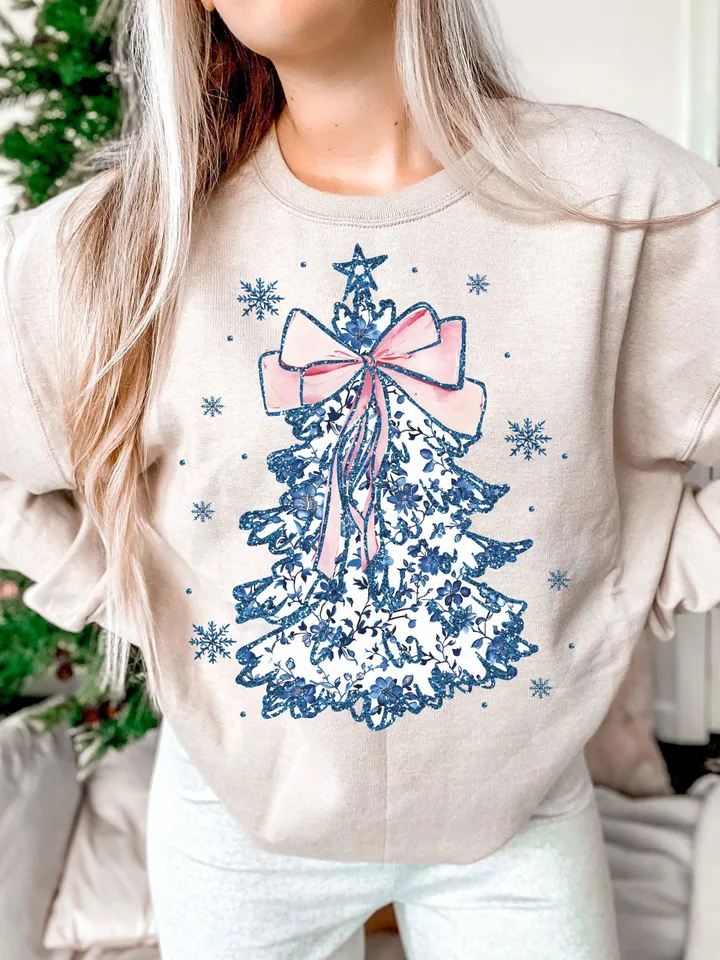 Coquette Glitter Chinoiserie Christmas Tree Png, Coquette Blue Christmas Png, Christmas Toile Png, Blue Floral Bow, Preppy Christmas Png