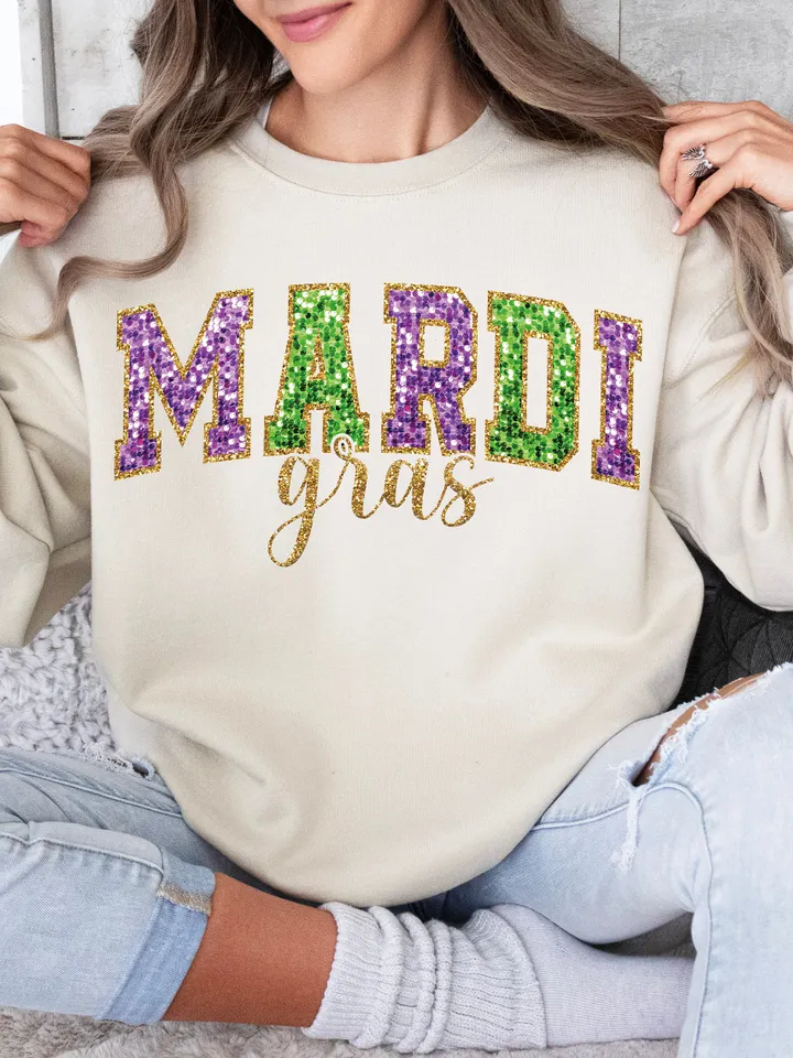 Mardi Gras Faux Sequin Embroidered PNG- Mardi Gras Shirt, Mardi Gras Digital, DTF, Faux Embroidery, Stitch, Matching, Glitter