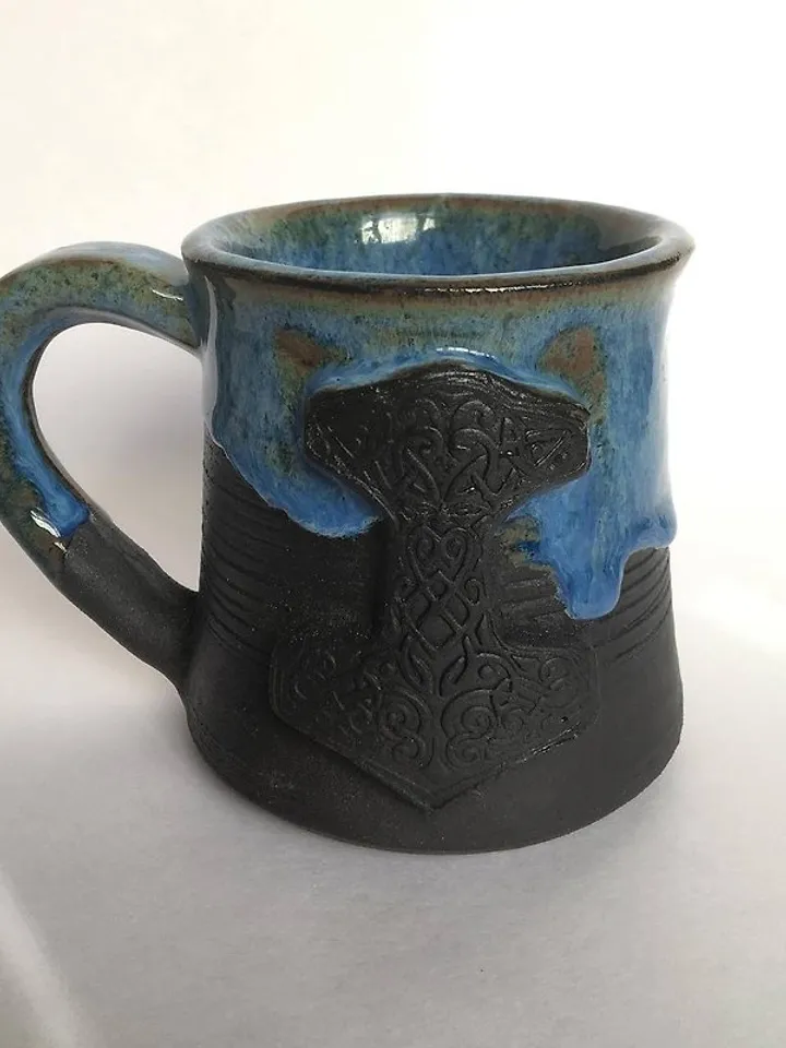 Thor Hammer Mjolnir black and blue dripping stoneware mug